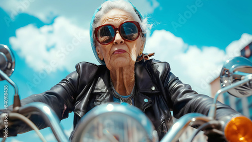 Cool old mature granny with glasses riding motorcycle, old people background, active retirement