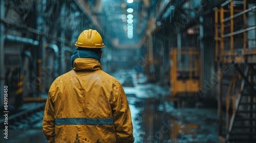 A person in yellow protective workwear standing in a rain-soaked industrial setting