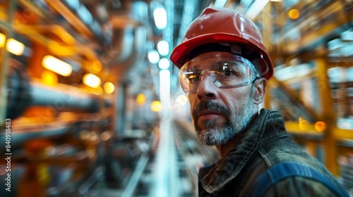 Serious faced worker with safety helmet and glasses inside a high-tech industrial plant