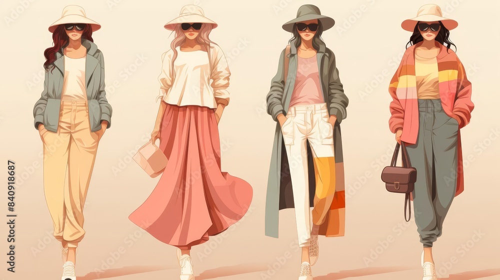 Fototapeta premium Layering fashion flat design front view stylish theme cartoon drawing colored pastel