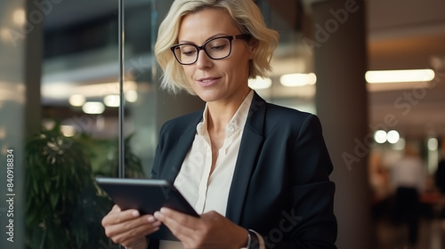 middle aged businesswoman manager wearing glasses looking at tablet, female entrepreneur