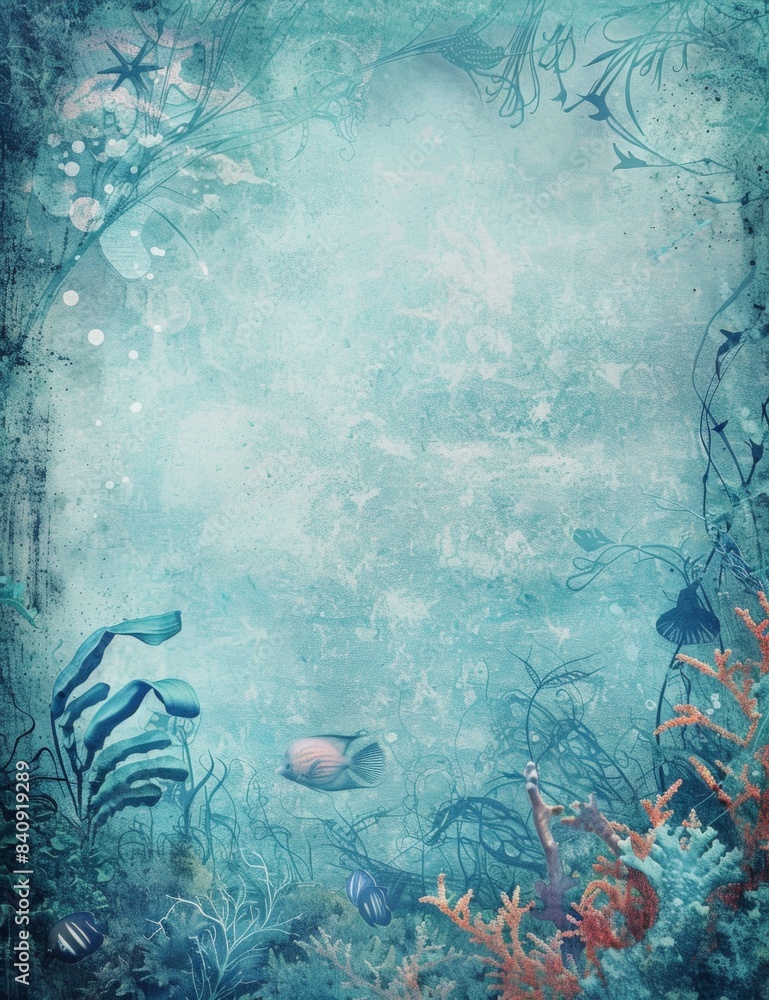 Fototapeta premium Blue Underwater Design Vintage Digital Paper l Old Grunge Texture Under Ocean Landscape Design Page l Distressed Print Under the Sea with Calm and Moody Atmosphere