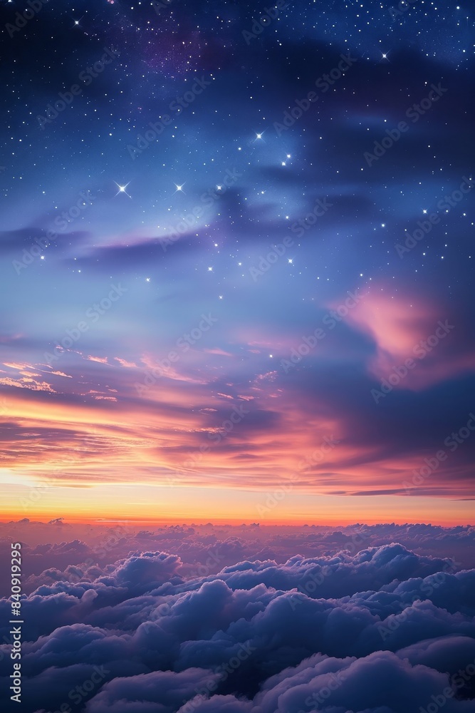 Sky at dusk, above the clouds, sunset, sky with cloud and stars, purple, blue, orange, pink, sky gradient, day with stars, nature, background sky, sunrise, night sky with stars, Generative AI Sky at dusk, above the clouds, sunset, sky with cloud and stars, purple, blue, orange, pink, sky gradient, day with stars, nature, background sky, sunrise, night sky with stars, Generative AI