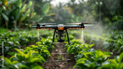 A drone with orange details flies over a green agriculture field  illustrating modern farming technology