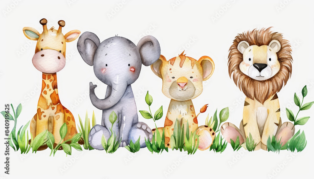 Naklejka premium Watercolor cartoon of baby jungle animals in greenery. Concept of cute wildlife by AI generated image