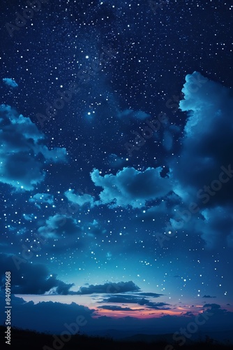 sky at night with stars, clouds, blue and purple gradient, space, galaxy, observing the stars, astronomy, night sky environment, background, dark, sunset, Generative AI