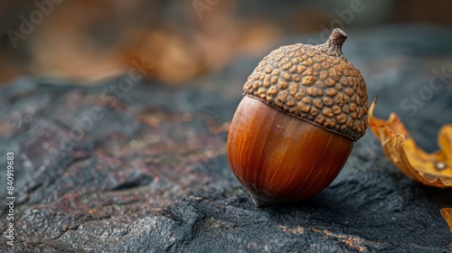 Macro photography showcases a detailed view of an acorn on a textured piece of bark, emphasizing organic beauty and autumn themes