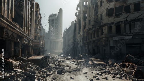 Destroyed city after the war. Dramatic scene of the bombed out city. Human suffering and war