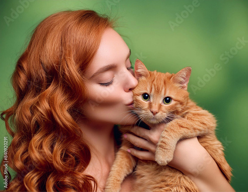 Close up no rosto de uma mulher ruiva beijando o rosto de um gatinho ruivo, fundo verde. 