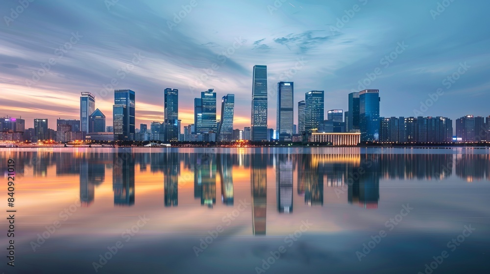 Obraz premium Modern city skyline with skyscrapers reflecting in water at sunset. This is a digital art image showcasing urban architecture and cityscape. Perfect for backgrounds and commercial use. AI