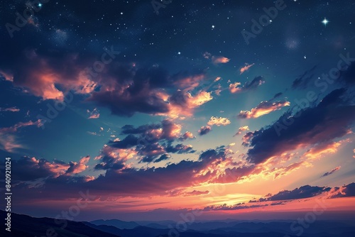sky at night with stars, clouds, blue and purple gradient, space, galaxy, observing the stars, astronomy, night sky environment, background, dark, sunset, Generative AI