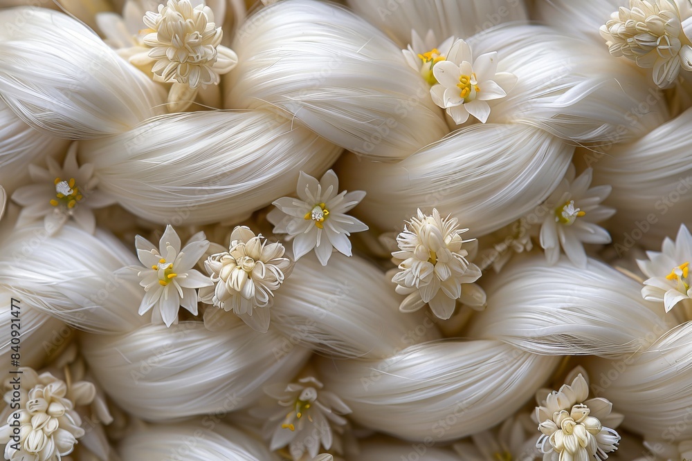 Hair braid transforms into an elaborate loop of small flowers and delicate plants Hair braid transforms into an elaborate loop of small flowers and delicate plants