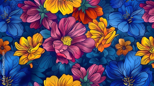 Seamless multi-colored flowers on a blue background  with varying degrees of drawing drawn 