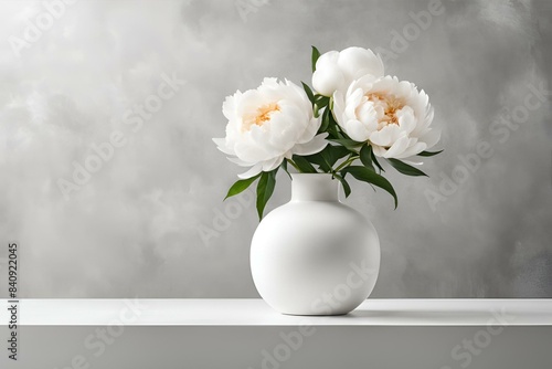 Elegant white peonies in ceramic vase, minimalist floral arrangement, sophisticated flower display, serene white and green decor, modern interior design, fresh peony bouquet, simple floral centerpiece