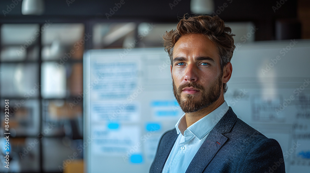Fototapeta premium portrait of a professional businessman, white board with marketing and growing strategies in background