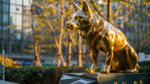 golden statue of a dog in the middle of the city 