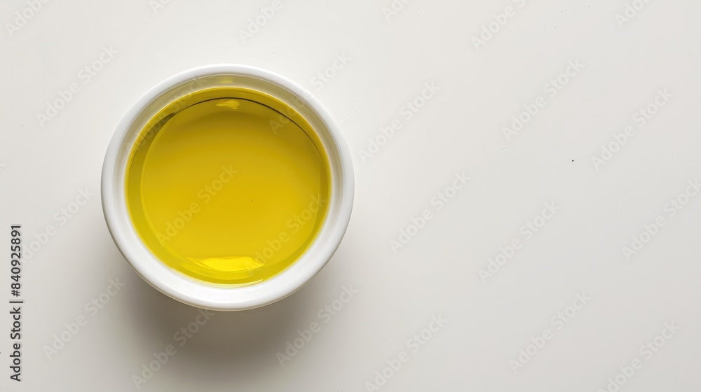 Close up image of a solitary white bowl with olive oil on a white backdrop Close up image of a solitary white bowl with olive oil on a white backdrop
