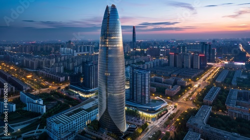 Aerial view of modern cityscape with a tall, futuristic skyscraper in twilight. Architectural marvel, perfect for urban planning and travel concepts. The style is sleek and sophisticated. AI photo