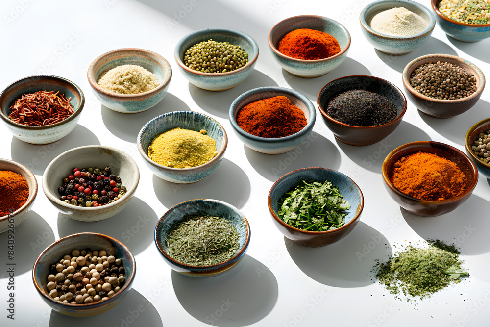 Aromatic assortment of various spices and herbs in small bowls on a white background Aromatic assortment of various spices and herbs in small bowls on a white background