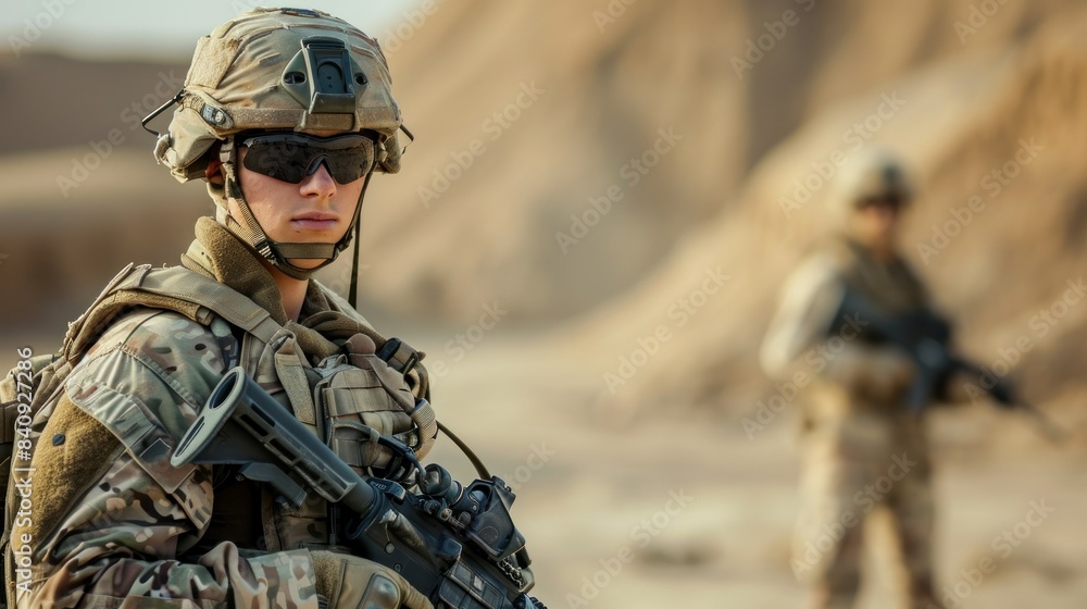Soldier in modern warfare. Special forces troops with machine guns and rifles. Military Special Operation AI Generated Soldier in modern warfare. Special forces troops with machine guns and rifles. Military Special Operation AI Generated