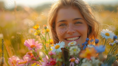Beaming young woman surrounded by colorful wildflowers in a field during a sunny day, expressing joy