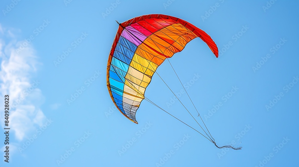 colorful kite flying high against a clear blue sky on a windy day cut out on an isolated minimalistic background colorful kite flying high against a clear blue sky on a windy day cut out on an isolated minimalistic background