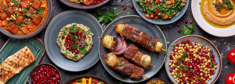 Delicious Middle Eastern Feast With Hummus, Meat Skewers, and Pastries Delicious Middle Eastern Feast With Hummus, Meat Skewers, and Pastries
