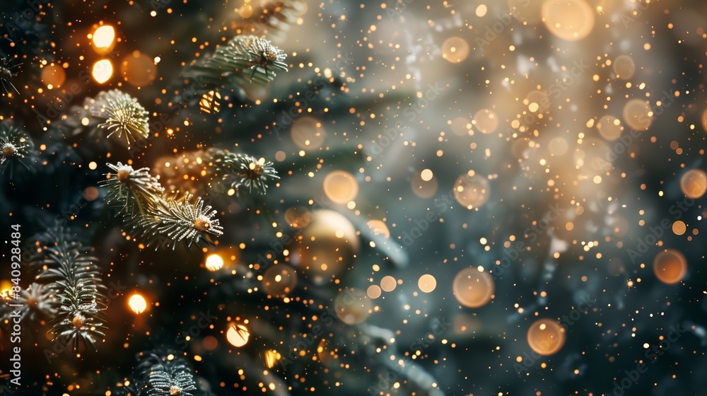 Festive Christmas Tree with Golden Lights on Bokeh Background