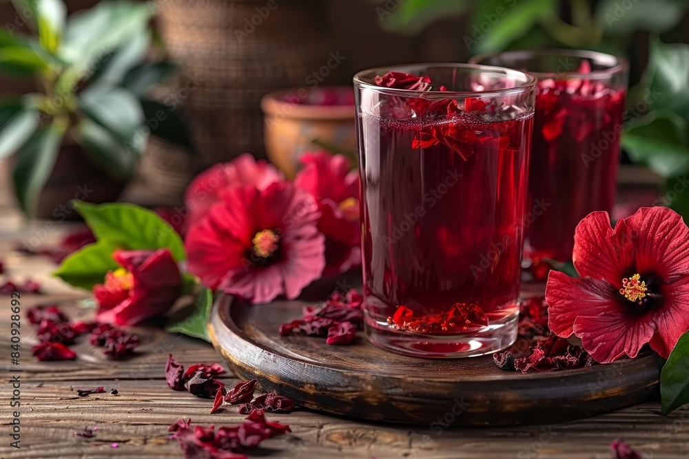 Aromatic hibiscus tea, served in a glass cup on a wooden table, offers a healthy beverage option Aromatic hibiscus tea, served in a glass cup on a wooden table, offers a healthy beverage option
