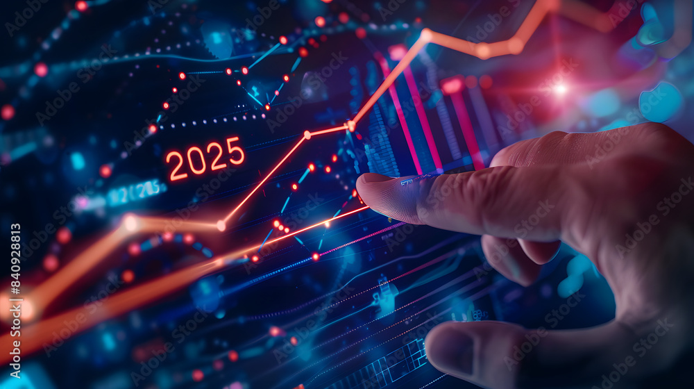 Hand pointing at glowing line graph with arrow up and text 2025 Hand pointing at glowing line graph with arrow up and text 2025
