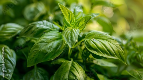 Fresh Thai Basil Leaves in Vibrant Green Herb Garden