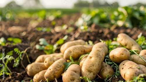 Freshly harvested fingerling potatoes in a rustic field photo