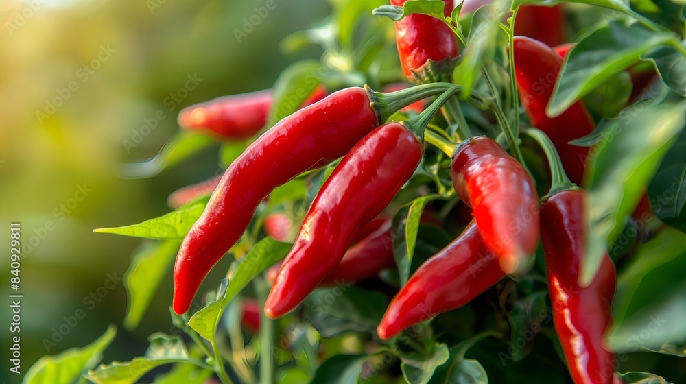Vibrant Red Cayenne Peppers on Bush in Pepper Garden Vibrant Red Cayenne Peppers on Bush in Pepper Garden