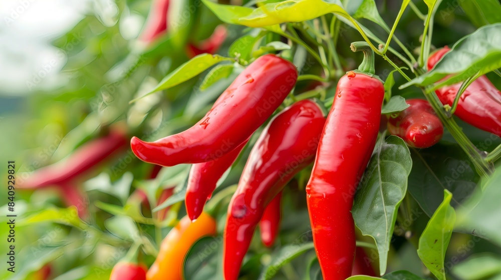 Vibrant Red Cayenne Peppers on Bush in Pepper Garden Vibrant Red Cayenne Peppers on Bush in Pepper Garden