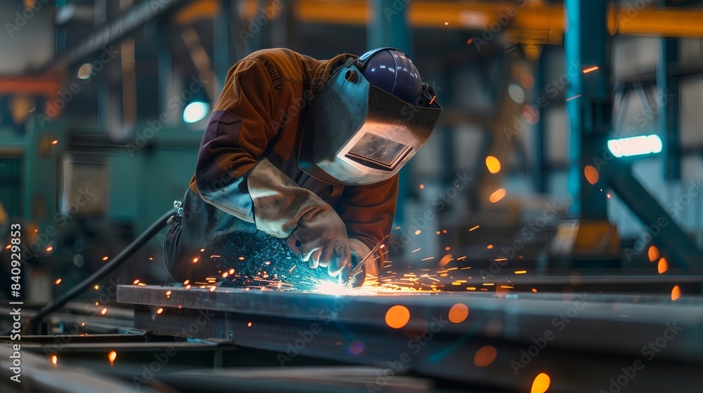 Welder in action in industrial workshop sparks flying Welder in action in industrial workshop sparks flying