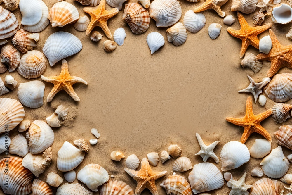 Fototapeta premium Seashell and starfish beach scene, sandy beach background, summer vacation theme, coastal decor, marine life arrangement, beachcombing treasures, seaside shells and starfish, ocean-inspired design