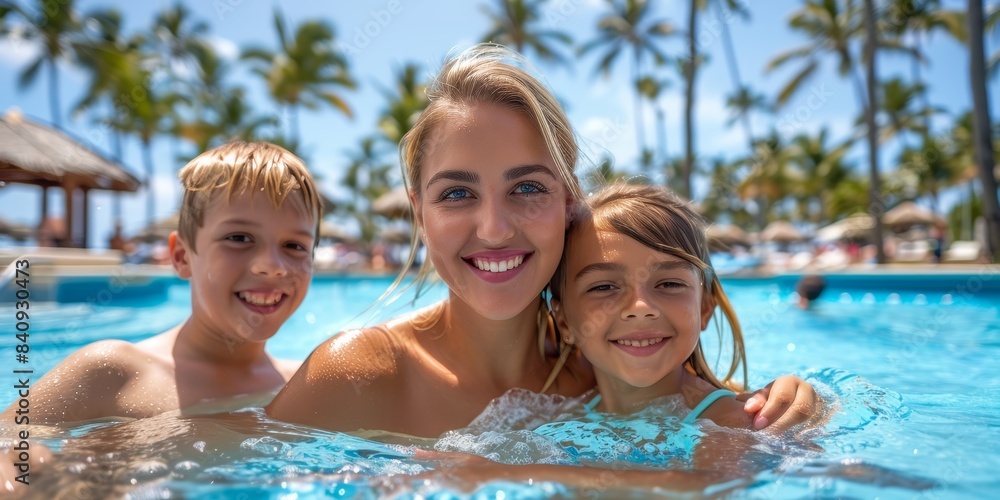 A smiling mother with her two young children enjoying a sunset swim in a tropical pool, surrounded by palm trees, capturing the joy and warmth of a family vacation in paradise, Generativ AI A smiling mother with her two young children enjoying a sunset swim in a tropical pool, surrounded by palm trees, capturing the joy and warmth of a family vacation in paradise, Generativ AI