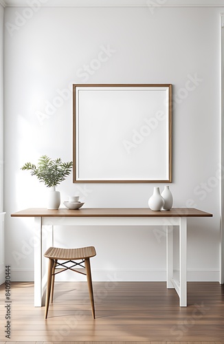 Mock up frame in home interior background  white room with natural wooden table and decor  3d render