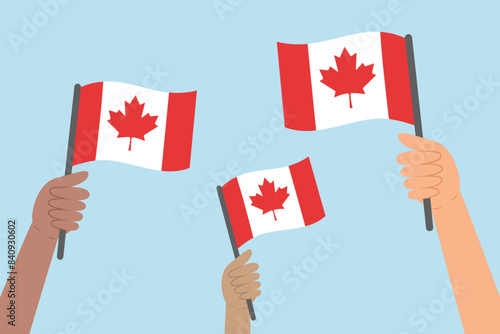 Diverse people hands raising flags of Canada. Vector illustration of Canadian flags in flat style on blue background.