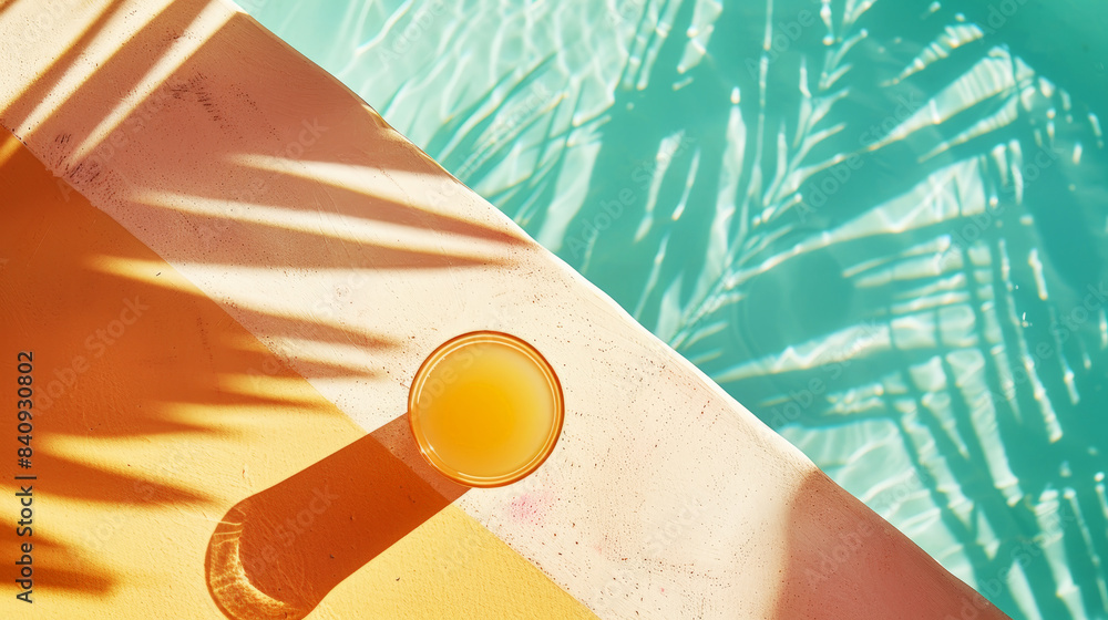Φωτογραφία Aesthetic top view on edge of swimming pool with glass of orange juice, summer vibes, vacation concept