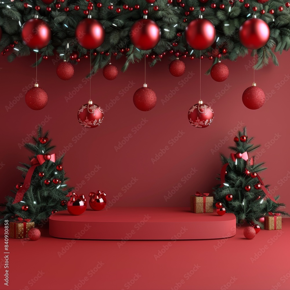 3D podium product presentation with merry christmas background. Studio podium for product advertising. Stage stand. Blank podium. Display platform