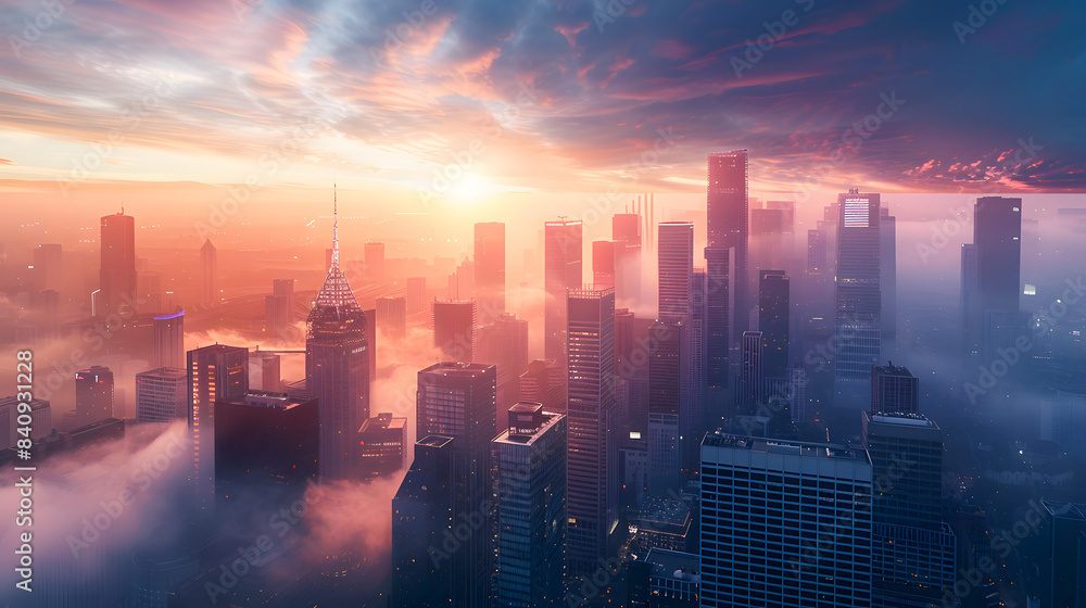 Fototapeta premium Impressive city skyline with skyscrapers and twilight sky. Aerial view banner. Copy space concept.