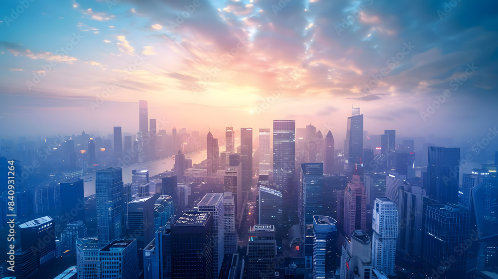 Fototapeta premium Impressive city skyline with skyscrapers and twilight sky. Aerial view banner. Copy space concept. 