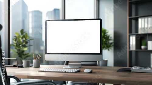 Mockup of modern monitor in office with keyboard and mouse, AI-generative