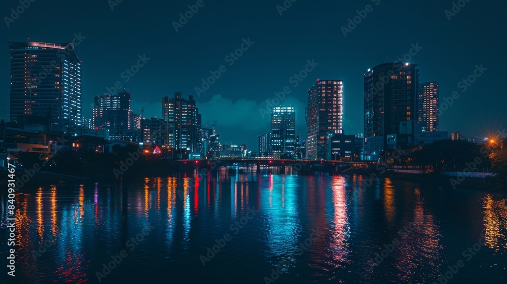 Fototapeta premium Illuminated Urban Cityscape at Night Featuring Skyscrapers, Neon Lights, and Vibrant Street Life in a Metropolitan Downtown Area. Perfect Representation of Modern Nightlife and Urban Exploration with