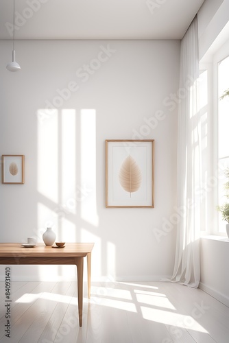 Mock up frame in home interior background  white room with natural wooden table and decor  3d render