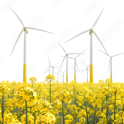 wind turbines and some flowering rapeseed seen in puglia, italy isolated on white background, realistic, png photo