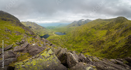 Panoramic view from Devils Ladder, one of most difficult trails, that is leading to highest Irish mountain Carrauntoohill or Carrantuohill is the highest mountain in Ireland at 1038m

