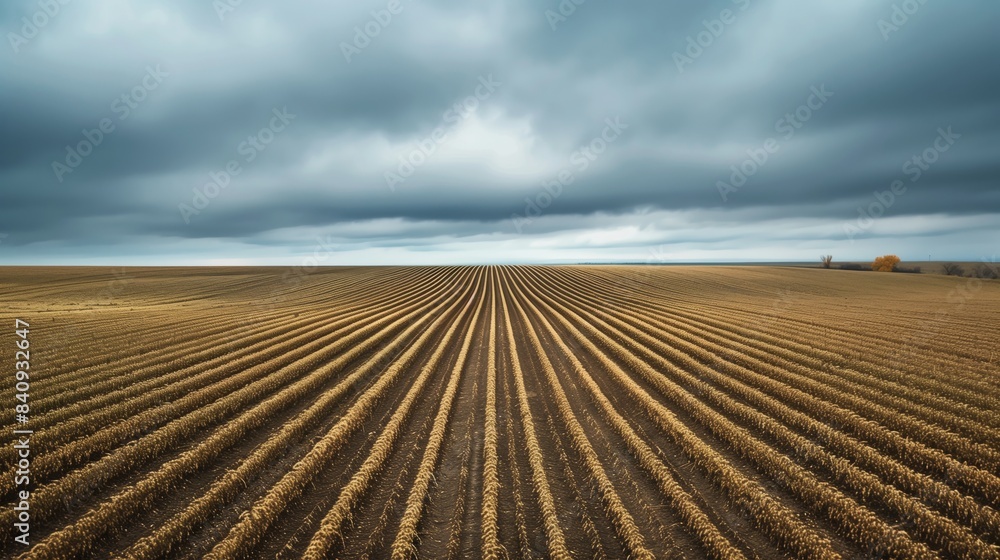 A sprawling soybean field under an overcast sky forms a hypnotic pattern as gray clouds diffuse soft light. A sprawling soybean field under an overcast sky forms a hypnotic pattern as gray clouds diffuse soft light.