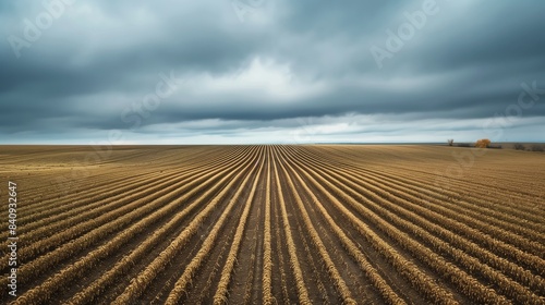 A sprawling soybean field under an overcast sky forms a hypnotic pattern as gray clouds diffuse soft light.